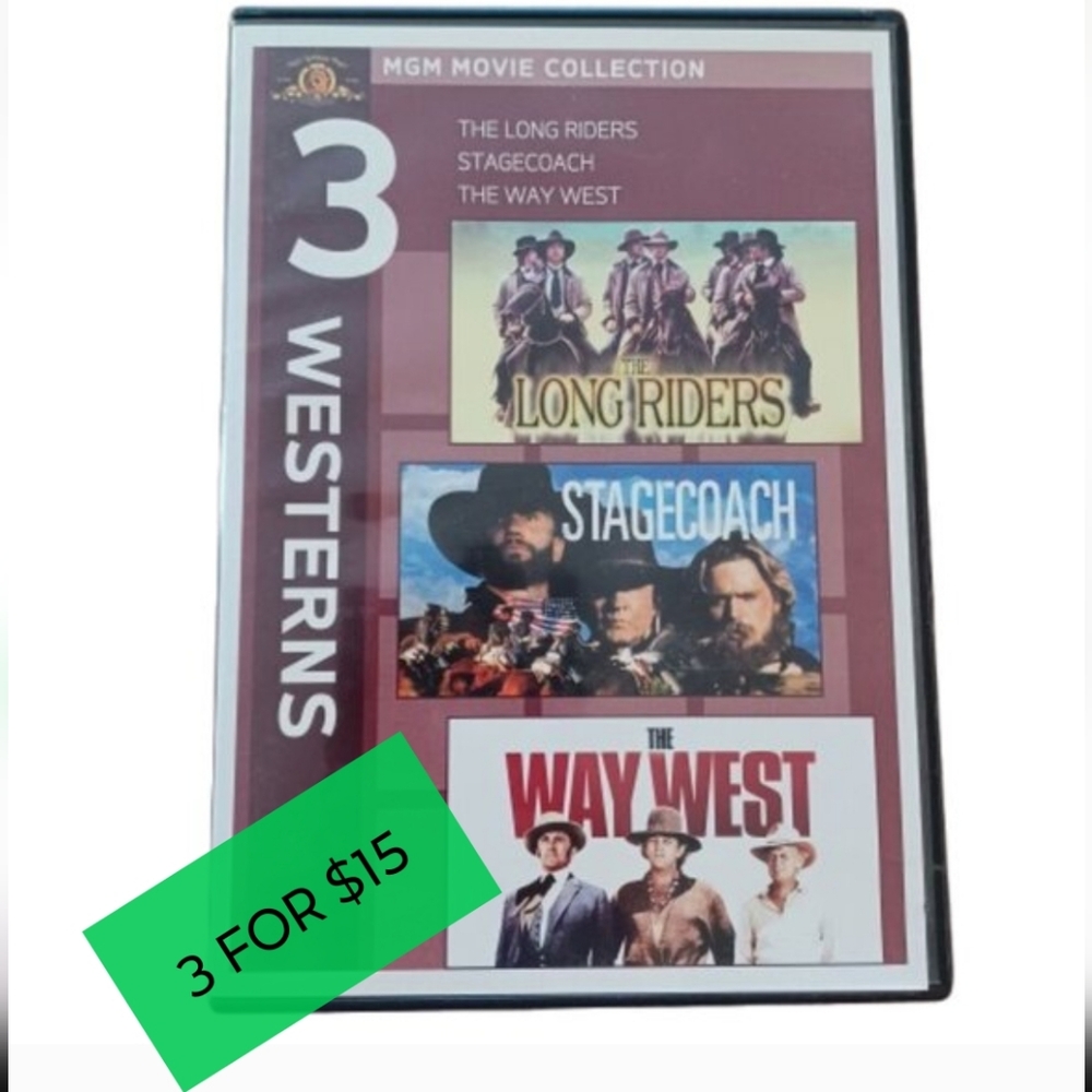 MGM Movie Western 3 Movie DVD Collection Long Riders Stagecoach Way West Discs
